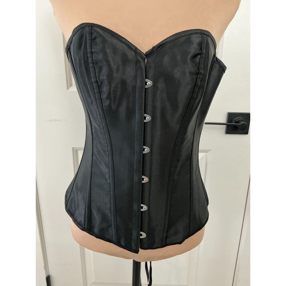 NEW Black Satin Overbust Corset Bustier Lace Up Size Large - Costume Cosplay